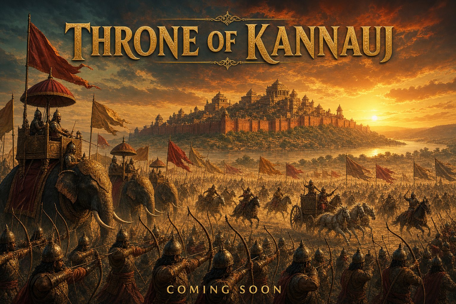 War elephants, chariots and archers before the walled city of Kannauj at dawn. Throne of Kannauj — coming soon.